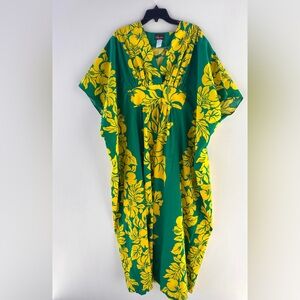 VTG Tropical Eve Hawaii Muu Muu Kaftan Maxi Dress Green Yellow Floral Cotton
